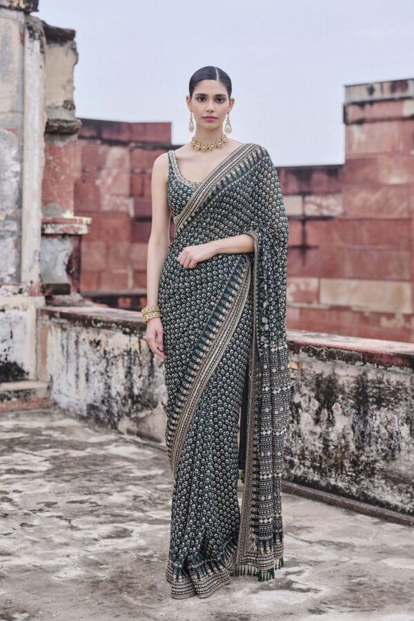 Kirsa Ajrakh Hand-block Printed Silk Sharara Set - Blue - Image 2